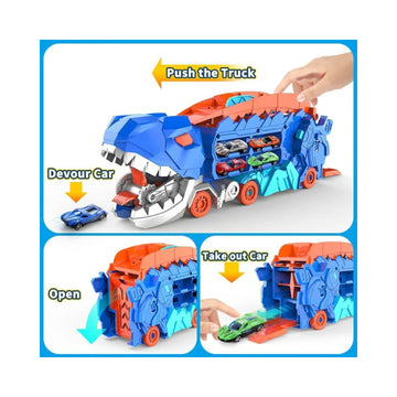 Transport Dinosaur Truck with Foldable Sliding 20-Inch Race Track, Transforms into Standing T-rex, Toys for 3 4 5 6 7 8 Years Old Kids Boys&Girls