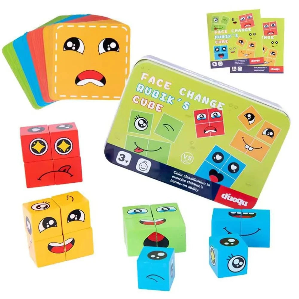 Wooden Face Cube Puzzle - Emoji Expression Matching Game for Kids, Develops Fine Motor Skills, Hand-Eye Coordination & Focus, Educational Toy for Ages 3+