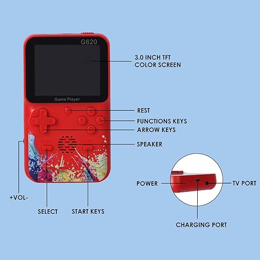 Handheld G620, 3.0 inch Screen Support Double Play Classic Games Built-in 620, Connect TV Support, Rechargeable