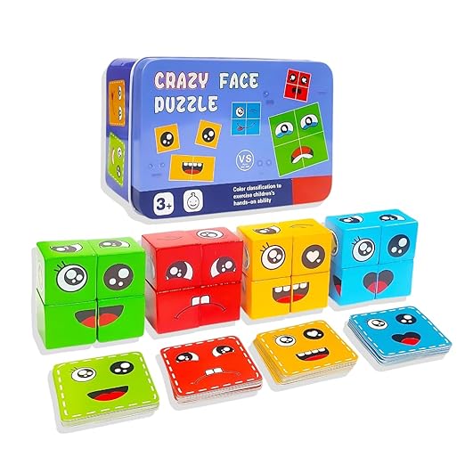 Wooden Face Cube Puzzle - Emoji Expression Matching Game for Kids, Develops Fine Motor Skills, Hand-Eye Coordination & Focus, Educational Toy for Ages 3+