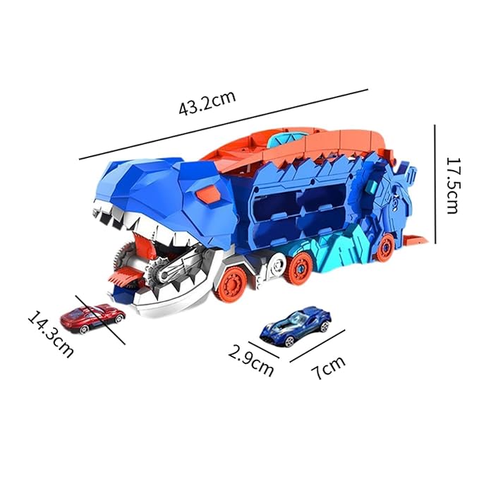 Transport Dinosaur Truck with Foldable Sliding 20-Inch Race Track, Transforms into Standing T-rex, Toys for 3 4 5 6 7 8 Years Old Kids Boys&Girls