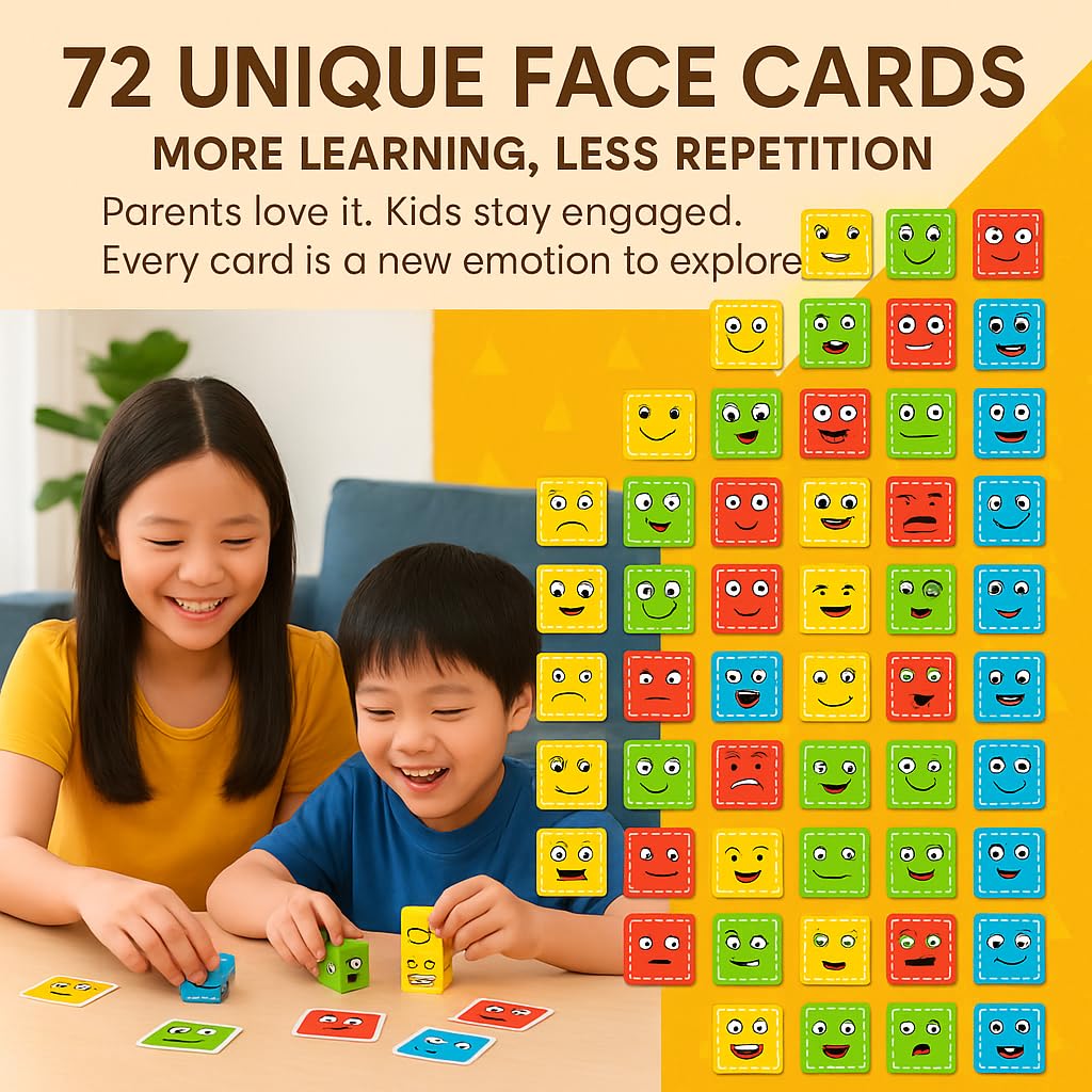 Wooden Face Cube Puzzle - Emoji Expression Matching Game for Kids, Develops Fine Motor Skills, Hand-Eye Coordination & Focus, Educational Toy for Ages 3+