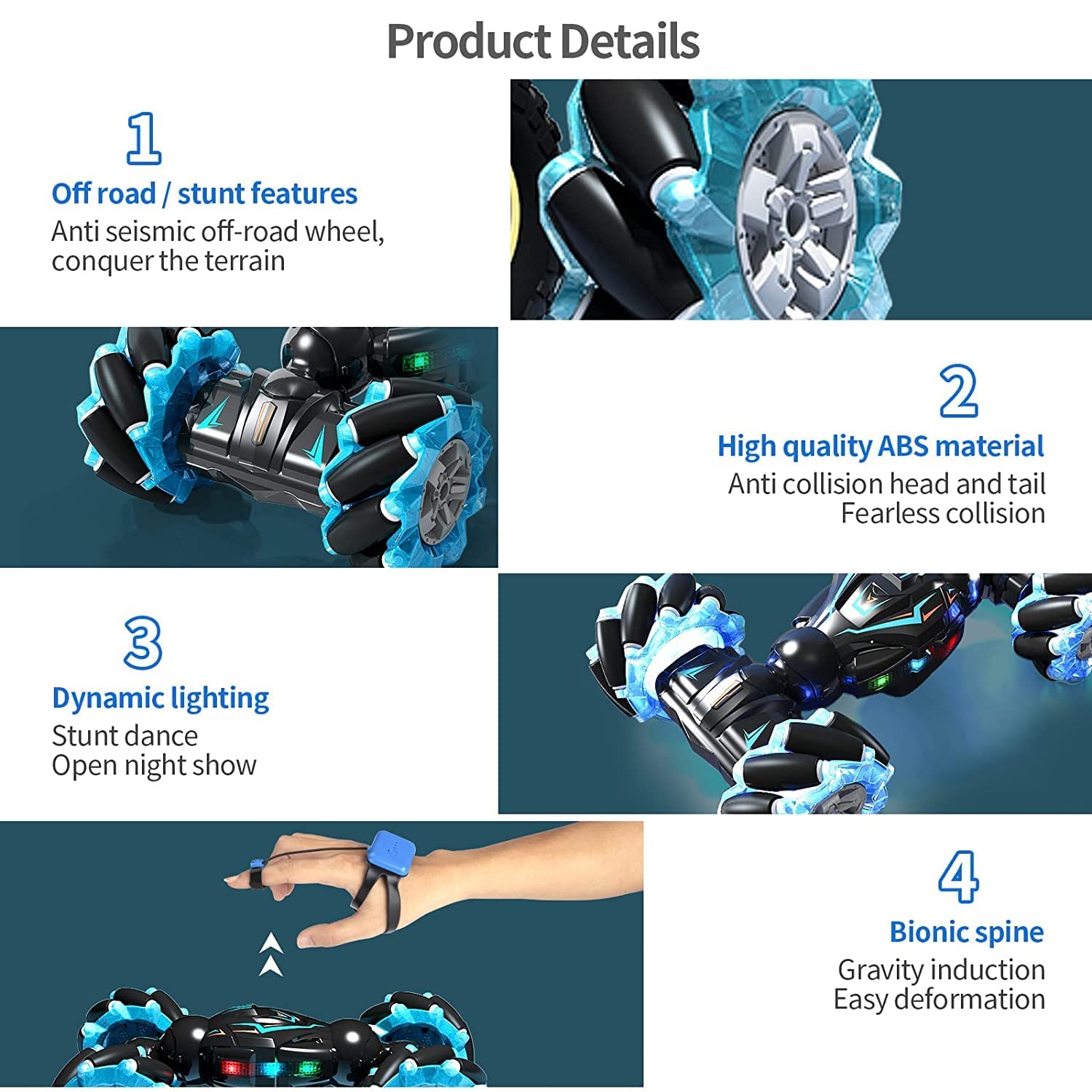 RC Stunt Car with Gesture Sensor, 2.4Ghz 4WD Double-Sided Off-Road Vehicle, 360 Degree Flips with Lights and Music for Kids Birthday Gift