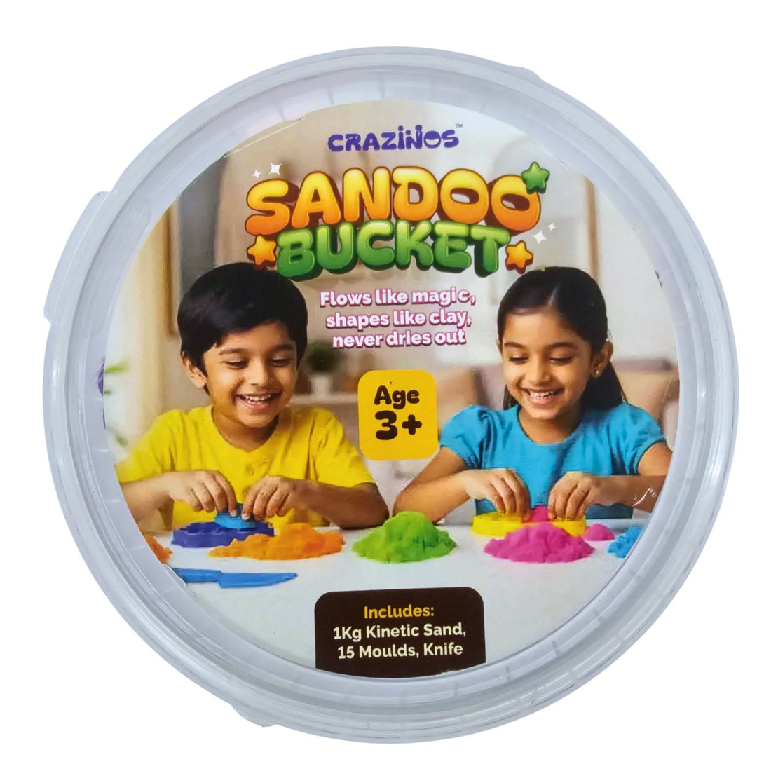 Sandoo Bucket | 1Kg Kinetic Sand for Kids with 15 Moulds & Tools | Magic Sensory Sand Toy Set for Boys & Girls Age 3+ | DIY Educational Activity Kit & Birthday Gift Idea