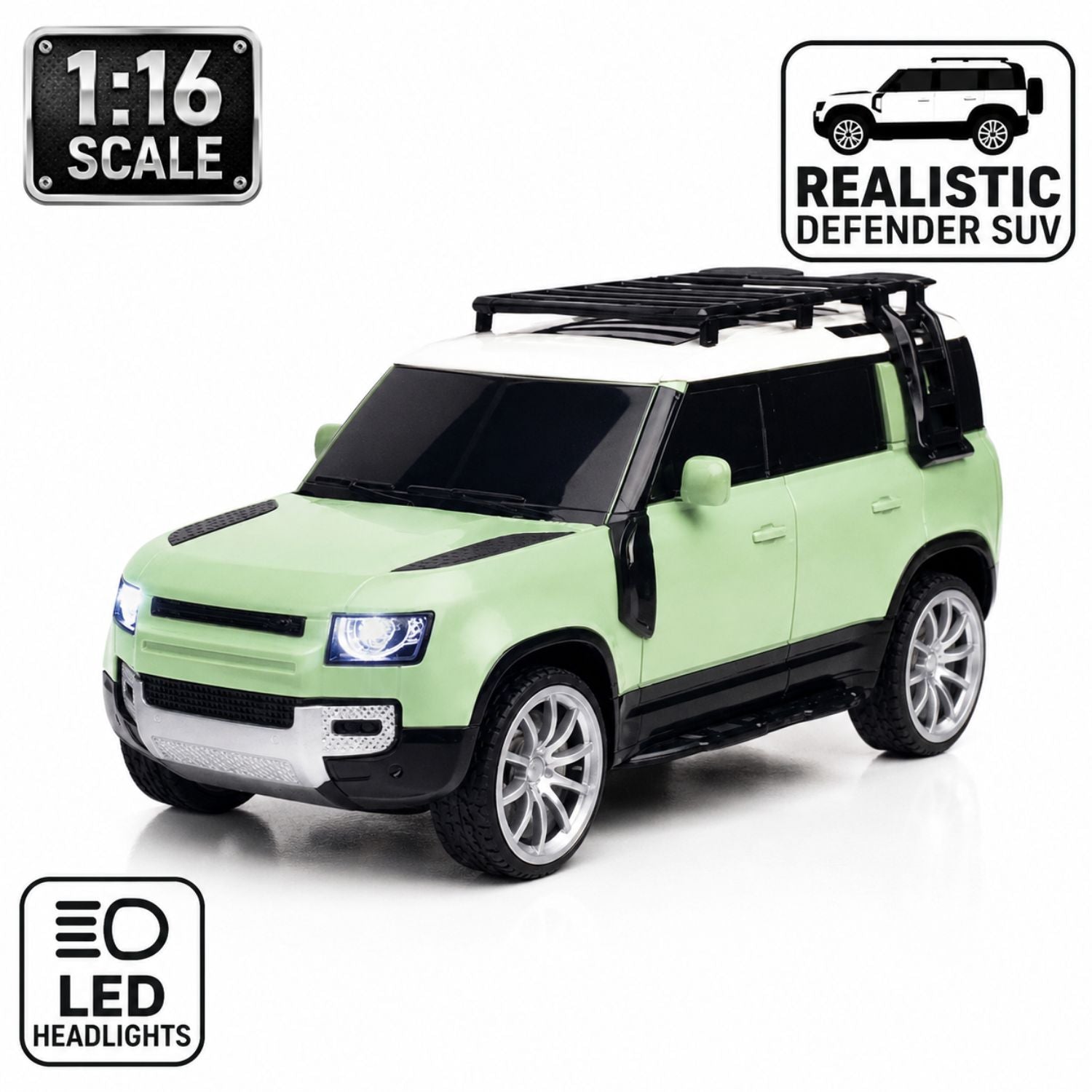 Crazinos Defender GREEN - RC SUV with LED Lights & Smoke Effect (1:16 Scale)