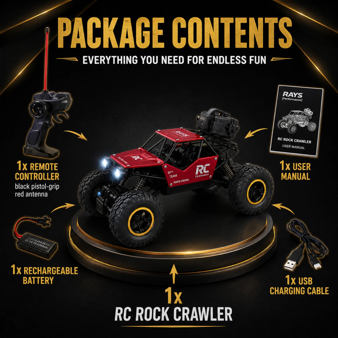 Crazinos Rock Explorer RED - RC Monster Truck with Smoke Effect (1:16, 4WD)