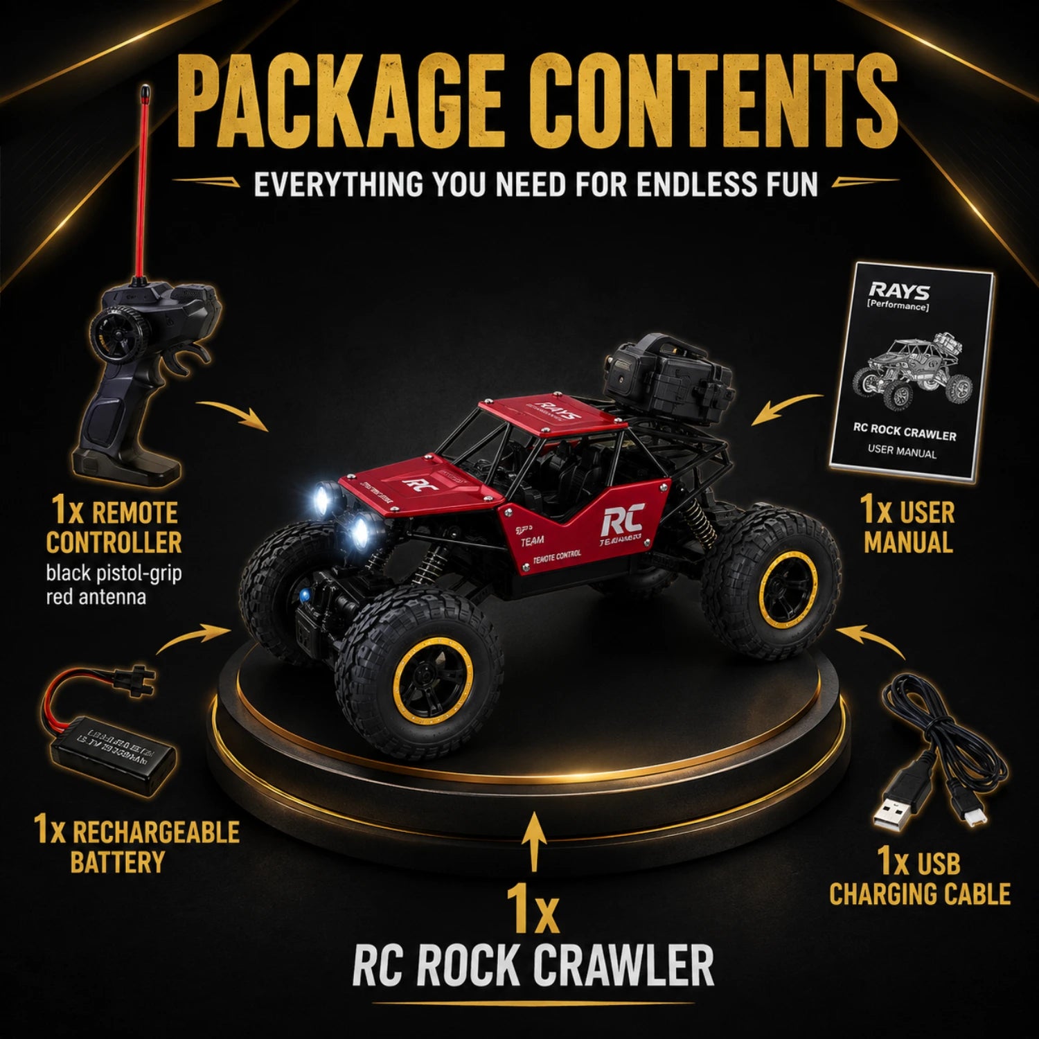 Crazinos Rock Explorer RED - RC Monster Truck with Smoke Effect (1:16)