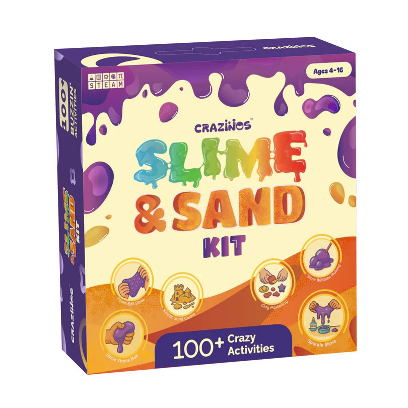 Crazinos 3-in-1 Activity Combo | 100+ Games, Slime & Sand Experiments, Wooden Emoji Puzzle | Fun Learning Toys for Kids 3–16 Years | DIY, Art & STEM Gift Set