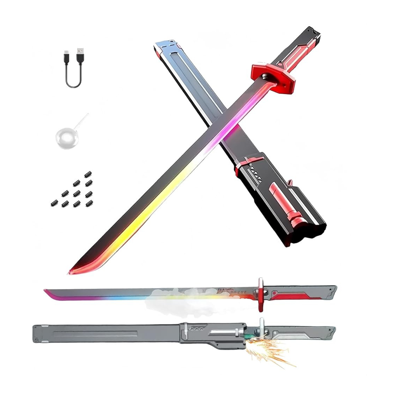 Crazinos Neon LED Spark Sword with Sound and Fog, Type-C Recharge, 31.5" Glowing Ninja Blade Weapon for Kids and Adults, Toys for Cosplay