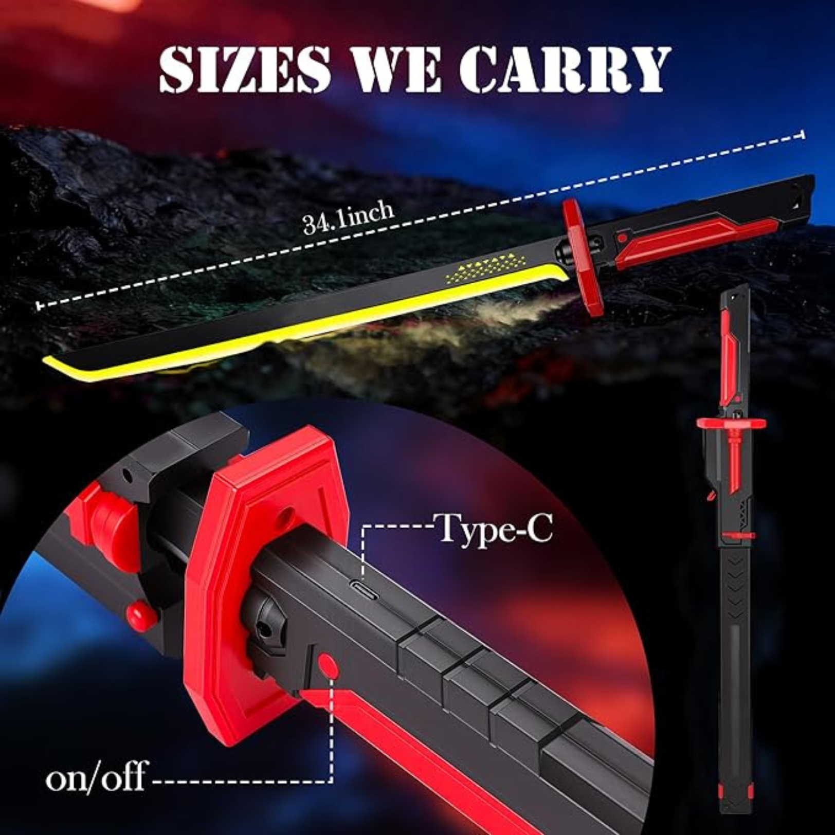 Crazinos Neon LED Spark Sword with Sound and Fog, Type-C Recharge, 31.5" Glowing Ninja Blade Weapon for Kids and Adults, Toys for Cosplay