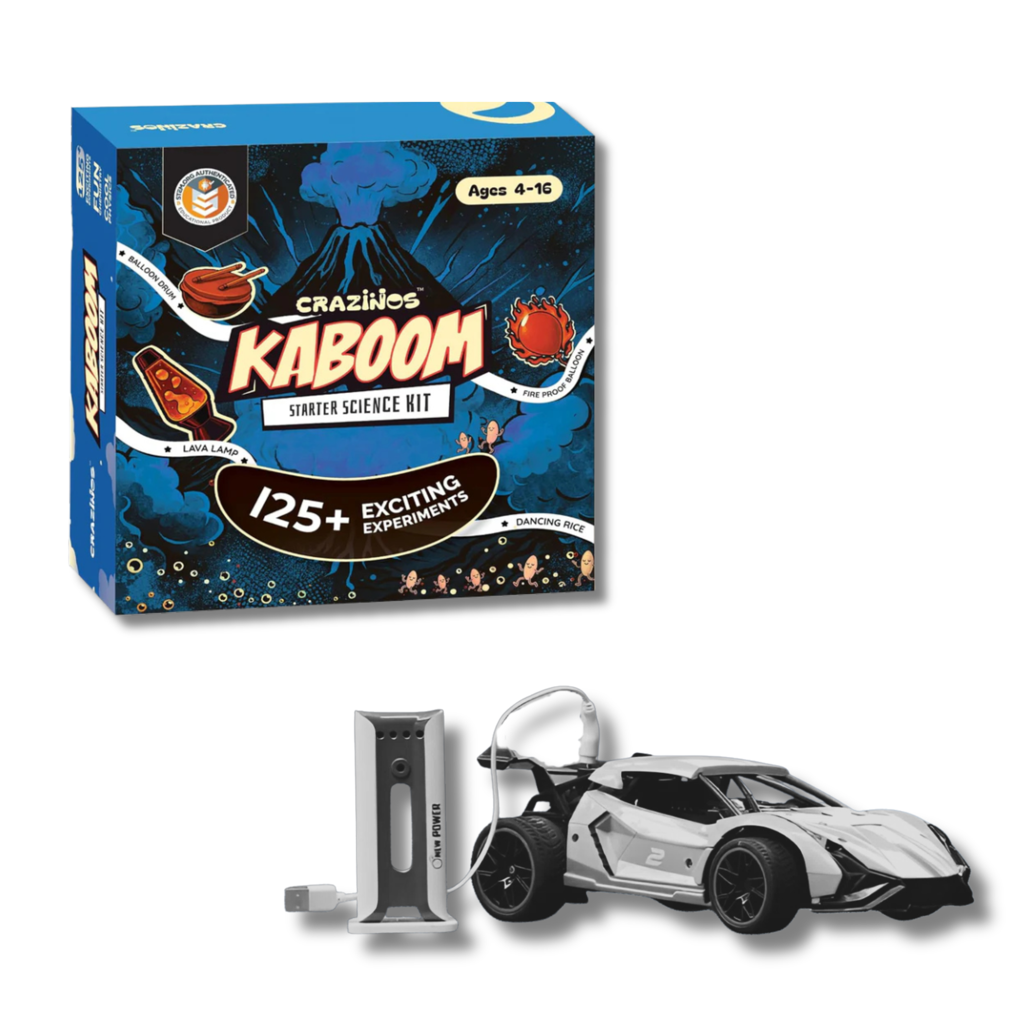 CRAZINOS Combo Pack – Rapid RC Racing Car with EV Charging Station (Lights, Spray & Powerful Motor) + Kaboom 125+ Science Kit | Educational & Action Toy Gift for Kids 4–16 | Learn + Play Combo