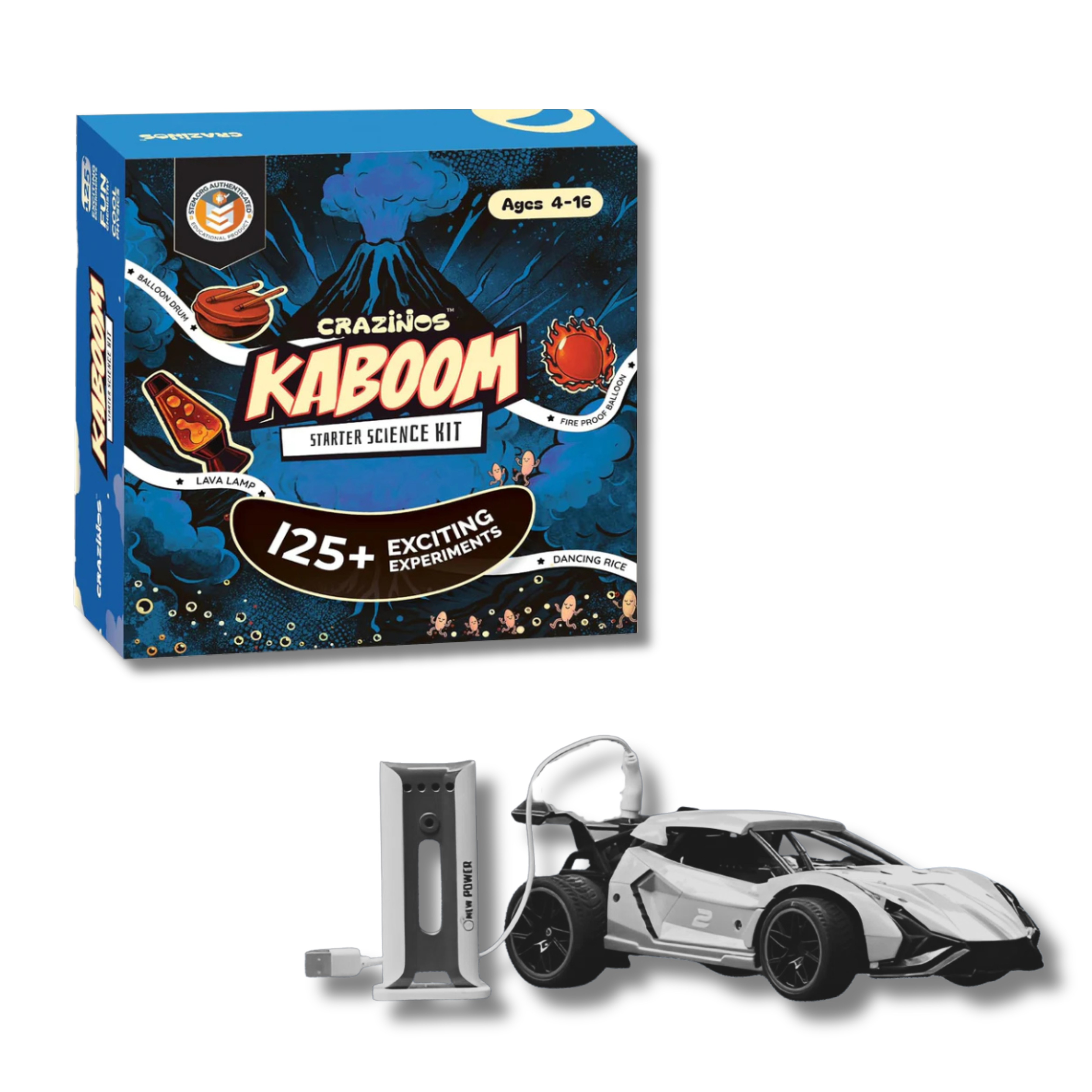 CRAZINOS Combo Pack – Rapid RC Racing Car with EV Charging Station (Lights, Spray & Powerful Motor) + Kaboom 125+ Science Kit | Educational & Action Toy Gift for Kids 4–16 | Learn + Play Combo