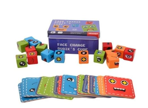 Wooden Face Cube Puzzle - Emoji Expression Matching Game for Kids, Develops Fine Motor Skills, Hand-Eye Coordination & Focus, Educational Toy for Ages 3+