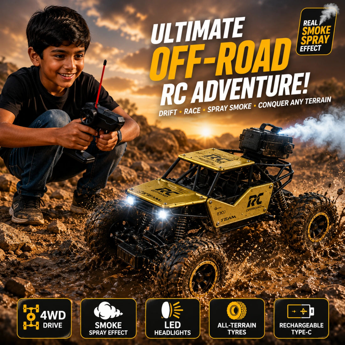Crazinos Rock Explorer GOLDEN - RC Monster Truck with Smoke Effect (1:16, 4WD)