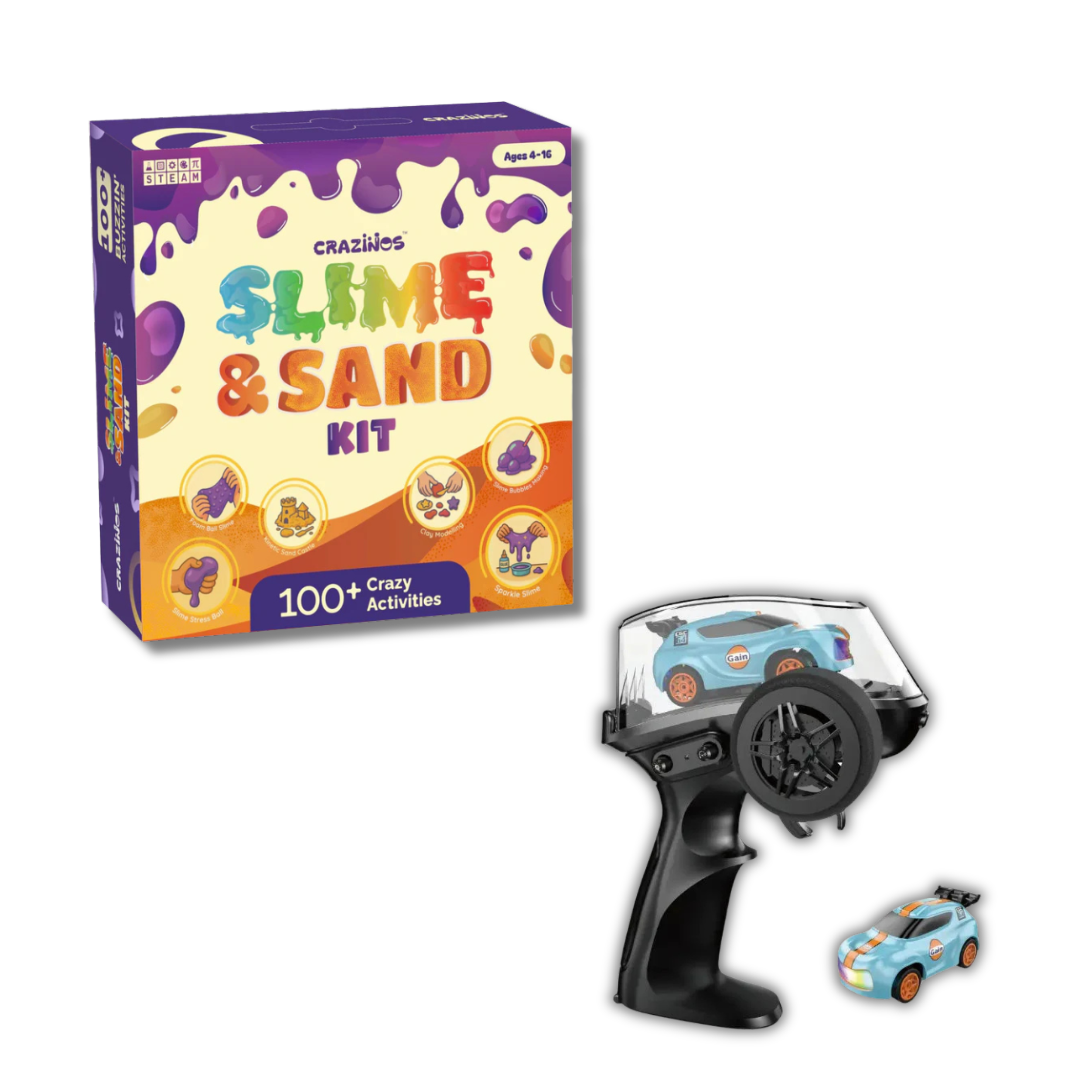 Crazinos Mini RC Drift Car + Slime & Sand Activity Kit | 1:64 Scale Remote Control Car with LED Lights & Drift Wheels + 100+ DIY Activities for Kids 4–16 | Fun Learning & Play Combo Gift for Boys & Girls