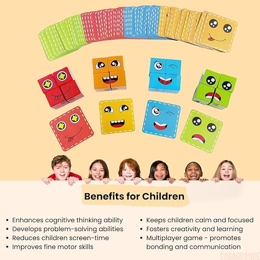Wooden Face Cube Puzzle - Emoji Expression Matching Game for Kids, Develops Fine Motor Skills, Hand-Eye Coordination & Focus, Educational Toy for Ages 3+