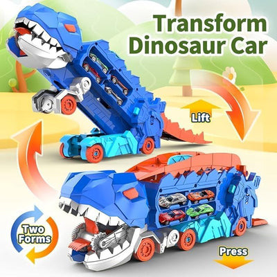 Transport Dinosaur Truck with Foldable Sliding 20-Inch Race Track, Transforms into Standing T-rex, Toys for 3 4 5 6 7 8 Years Old Kids Boys&Girls