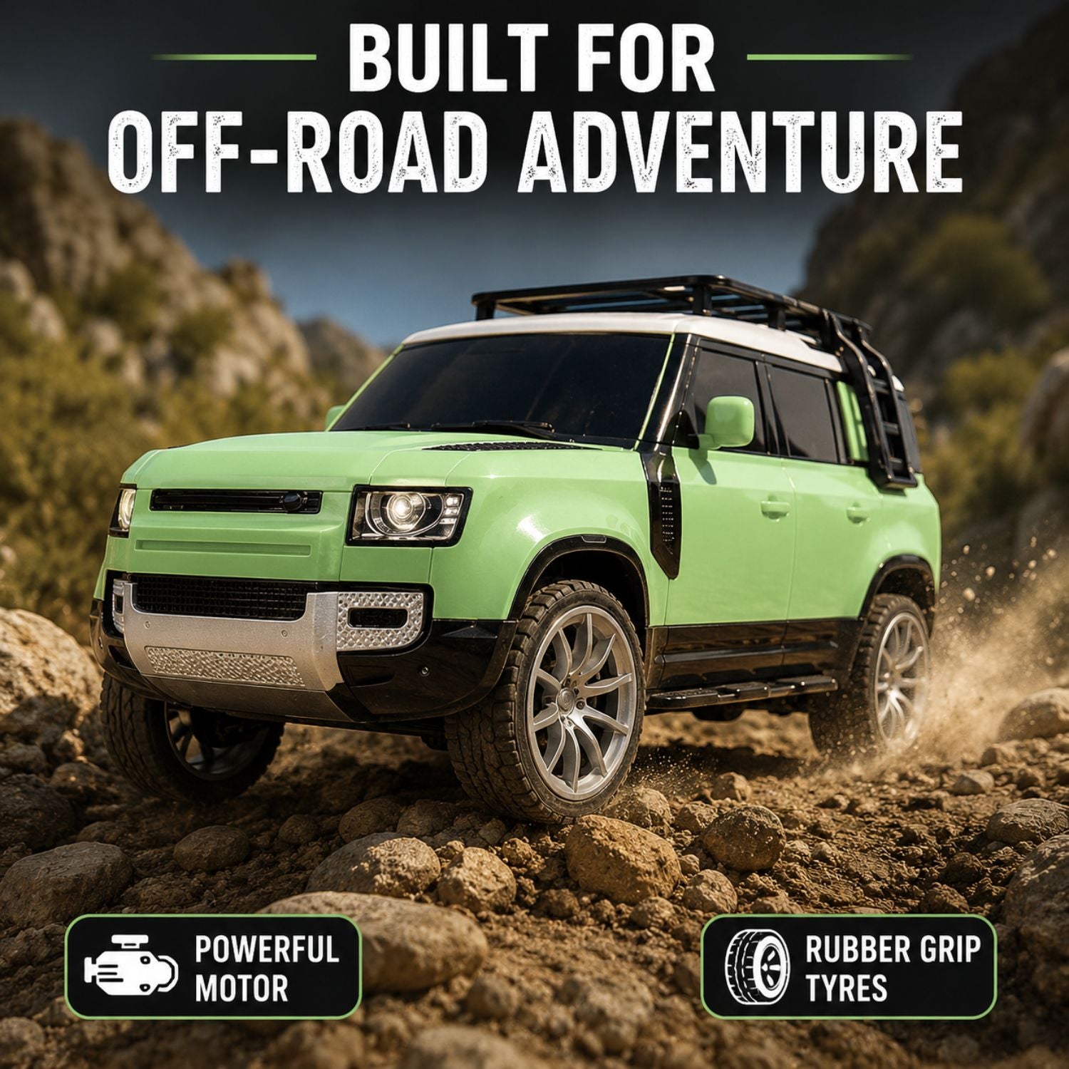 Crazinos Defender GREEN - RC SUV with LED Lights & Smoke Effect (1:16 Scale)