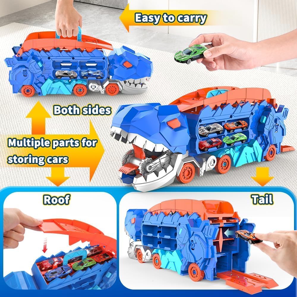 Transport Dinosaur Truck with Foldable Sliding 20-Inch Race Track, Transforms into Standing T-rex, Toys for 3 4 5 6 7 8 Years Old Kids Boys&Girls