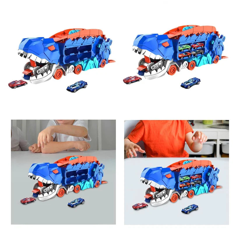 CRAZINOS Combo Pack – T-Rex Dinosaur Car Carrier Truck with Foldable 20-Inch Race Track + Kaboom 125+ Science Experiment Kit | Educational & Action Toy Set for Kids 3–16 Years | STEM + Adventure Play Gift