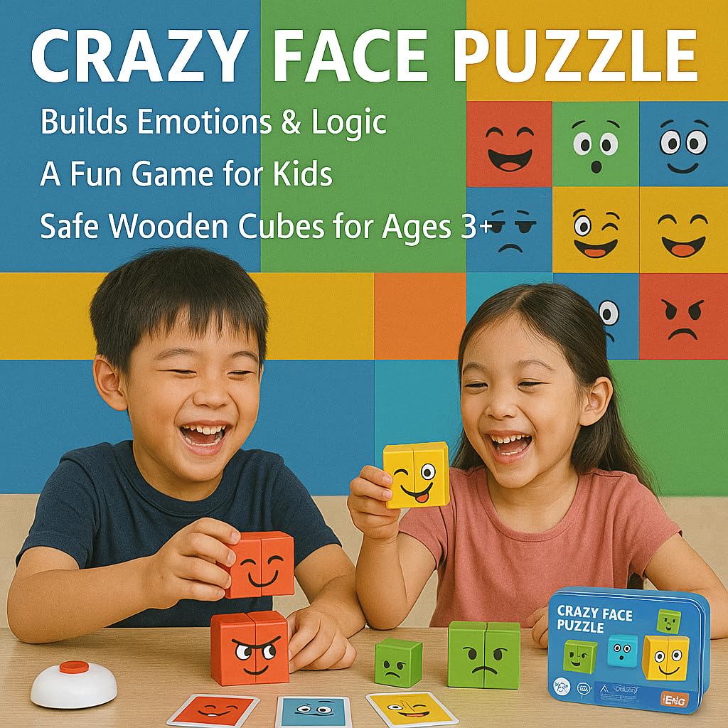 Wooden Face Cube Puzzle - Emoji Expression Matching Game for Kids, Develops Fine Motor Skills, Hand-Eye Coordination & Focus, Educational Toy for Ages 3+