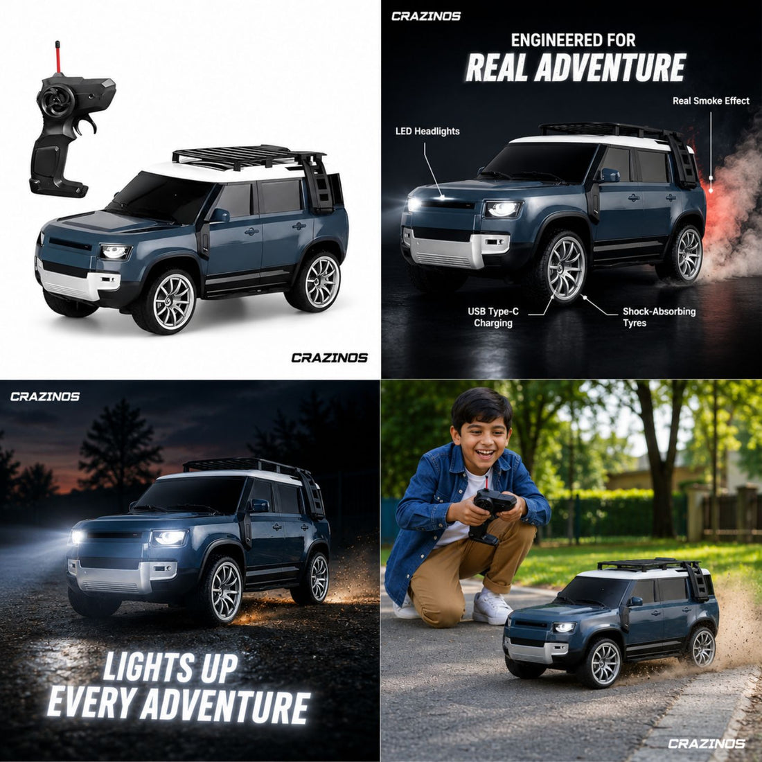 Crazinos Defender BLUE - RC SUV with LED Lights & Smoke Effect (1:16 Scale)