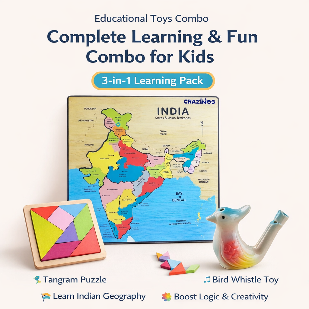 Crazinos 3-in-1 Learning Combo for Kids | India Map Puzzle, Tangram & Musical Water Whistle | Educational Toys Age 3+