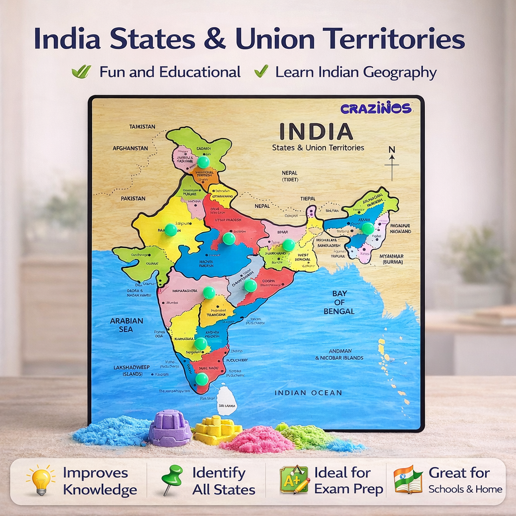 Crazinos Kids Learning Combo Pack | Kinetic Sand 1kg + 6-in-1 Board Games + India Map Puzzle + Tangram + Musical Water Whistle | STEM & Sensory Educational Toys for Kids Age 3+