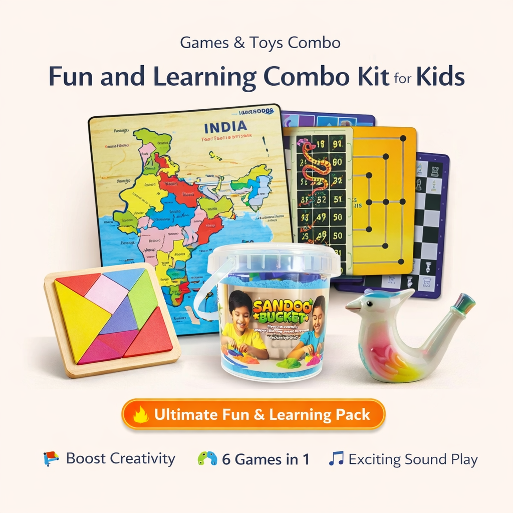 Crazinos Kids Learning Combo Pack | Kinetic Sand 1kg + 6-in-1 Board Games + India Map Puzzle + Tangram + Musical Water Whistle | STEM & Sensory Educational Toys for Kids Age 3+