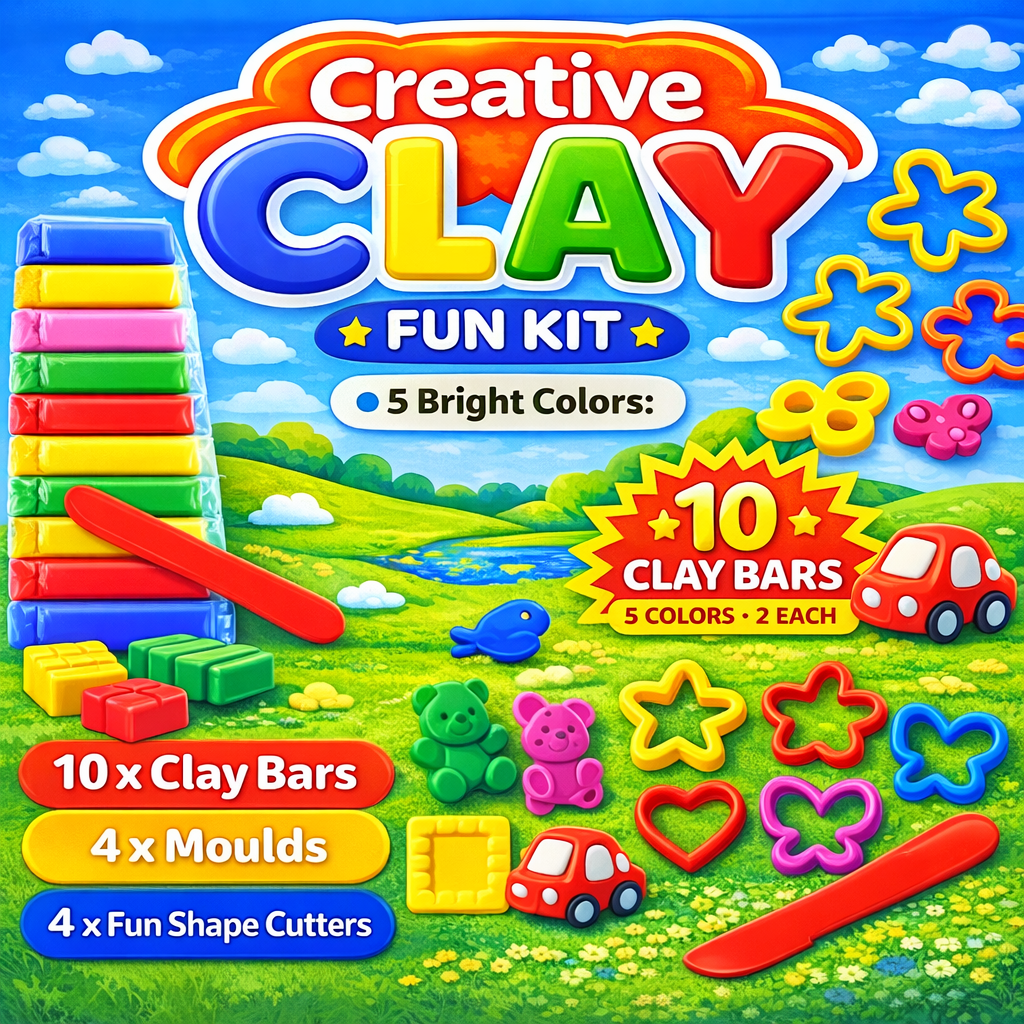 Crazinos Creative Clay Fun bucket for Kids | 10 Clay Bars (5 Colors × 2 Each) | 8 Moulds & 1 Knife | DIY Art & Craft Toy for Kids