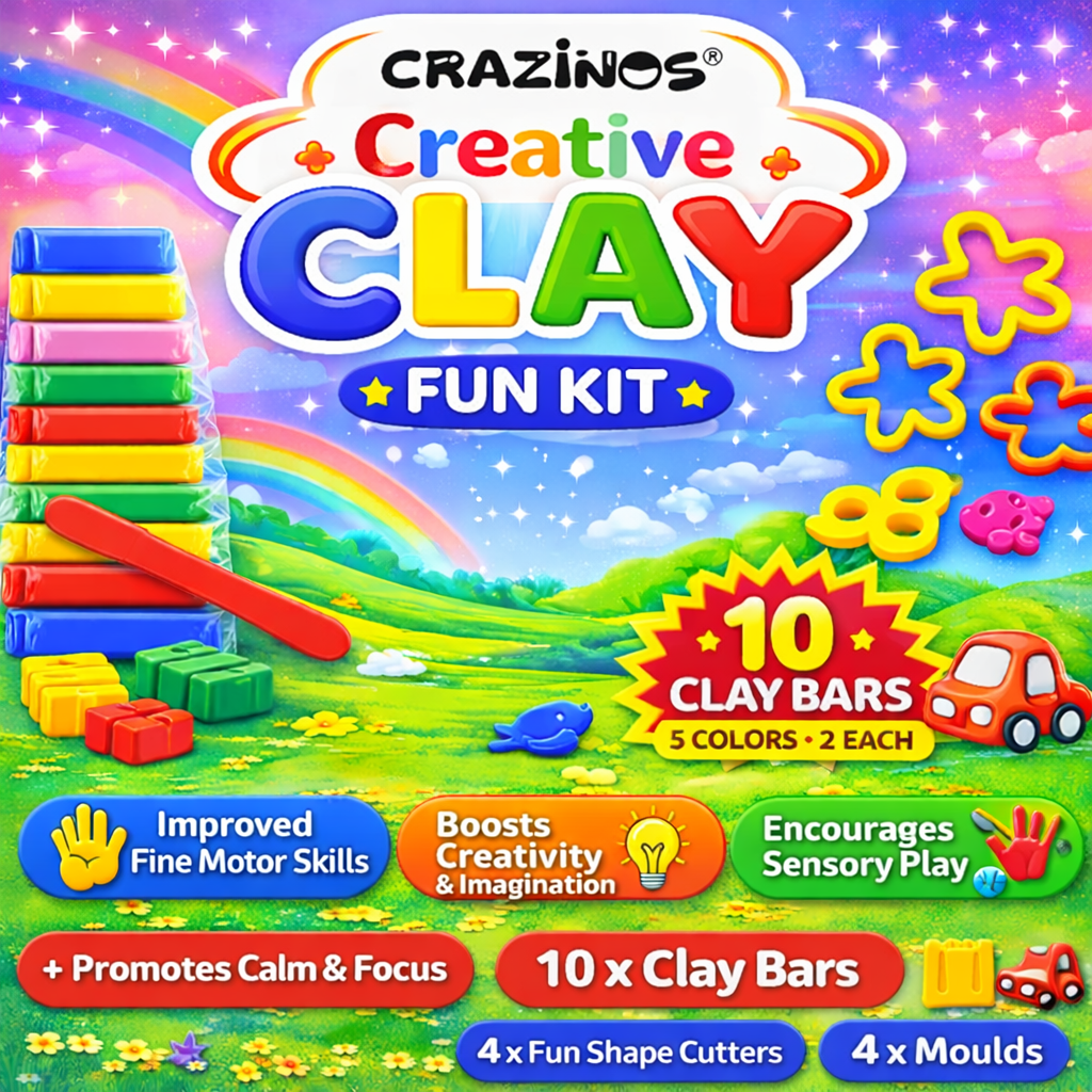 Crazinos Creative Clay Fun bucket for Kids | 10 Clay Bars (5 Colors × 2 Each) | 8 Moulds & 1 Knife | DIY Art & Craft Toy for Kids