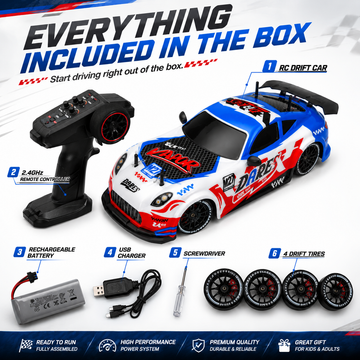 2.4GHz RC Drift Racing Car with Drift Wheels & Rechargeable Battery | High-Speed Remote Control Car for Kids & Adults