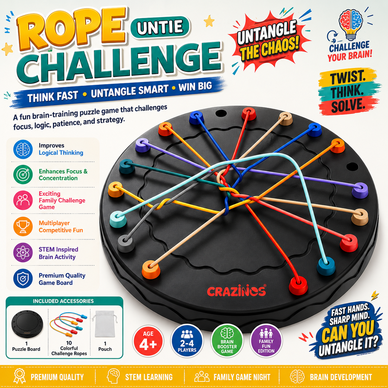CRAZINOS Rope Logic Puzzle Game for Kids & Adults | Brain Teaser Untangling Challenge | Multi-Level Strategy & Problem Solving Game | Fun Family Board Game for Travel & Indoor Play | Enhances Focus, Motor Skills & Logical Thinking