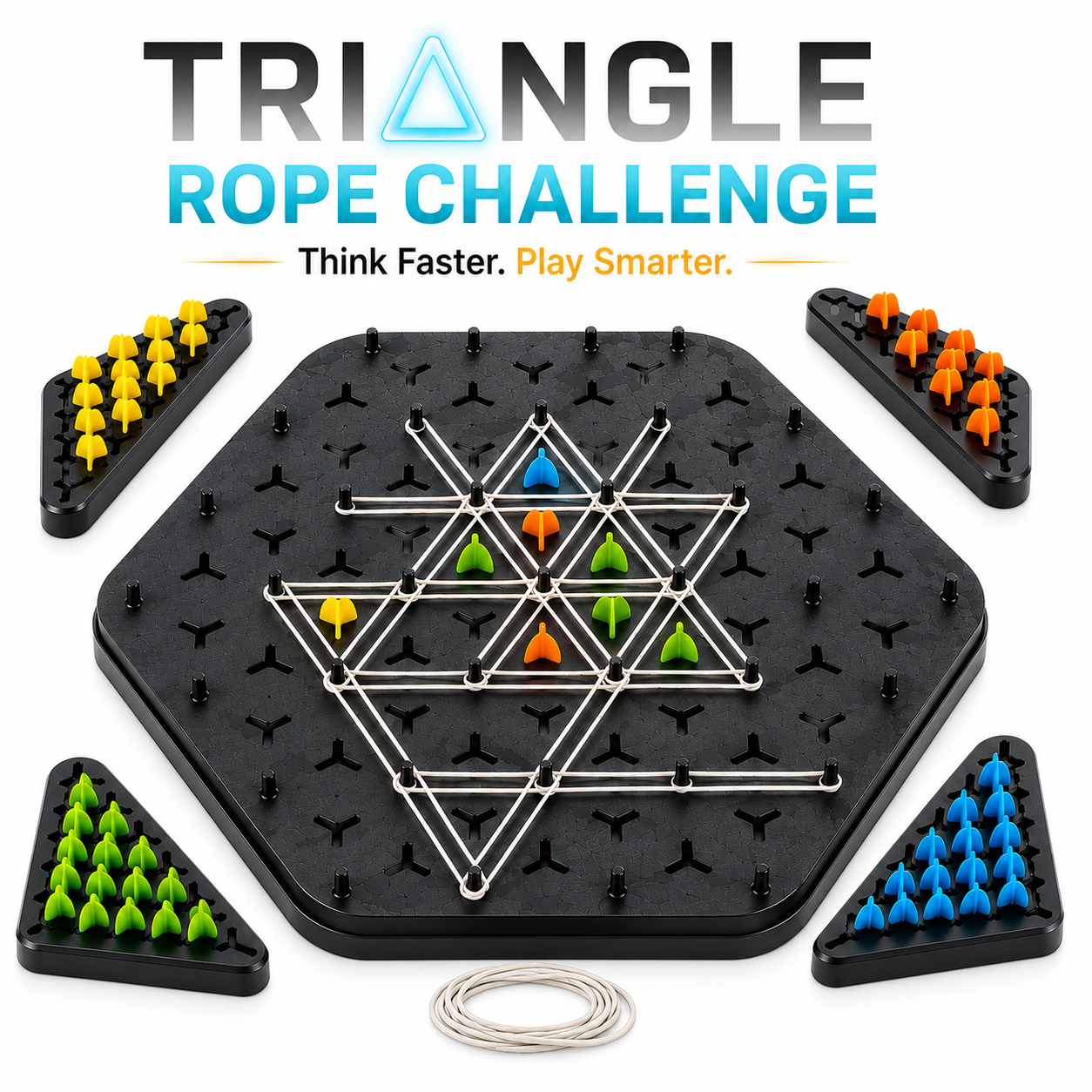 CRAZINOS Triggle Triangle Chess Board Game for Kids & Adults | Rubber Band Strategy Puzzle Game | Fun Family Interactive Brain Teaser for 2-4 Players | Educational & Logical Thinking Game (Multicolor)