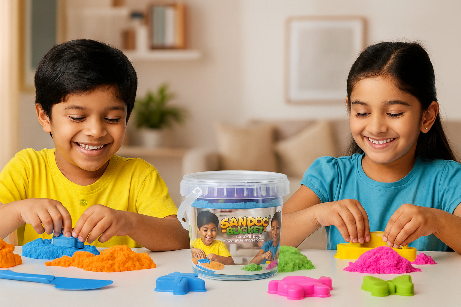 Sandoo Bucket | 1Kg Kinetic Sand for Kids with 15 Moulds & Tools | Magic Sensory Sand Toy Set for Boys & Girls Age 3+ | DIY Educational Activity Kit & Birthday Gift Idea