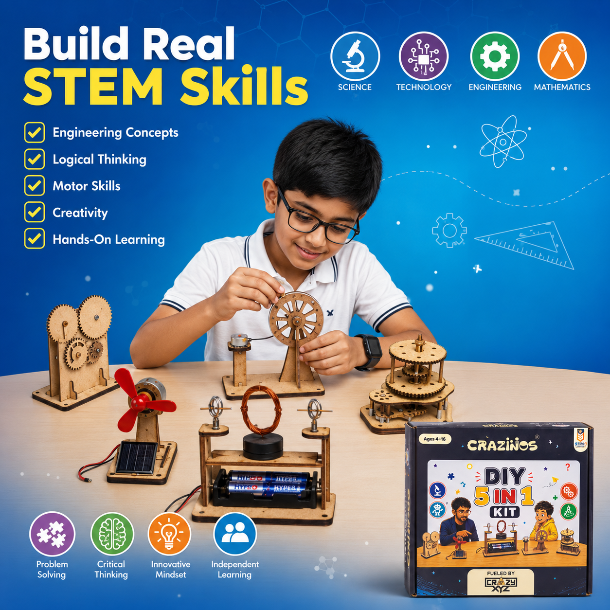 CRAZINOS 5-in-1 DIY STEM  Kit for Kids | Electric Fan, Gear Transmission, Hand Generator & Carousel Models | Educational Science Project Kit | Ages 8+