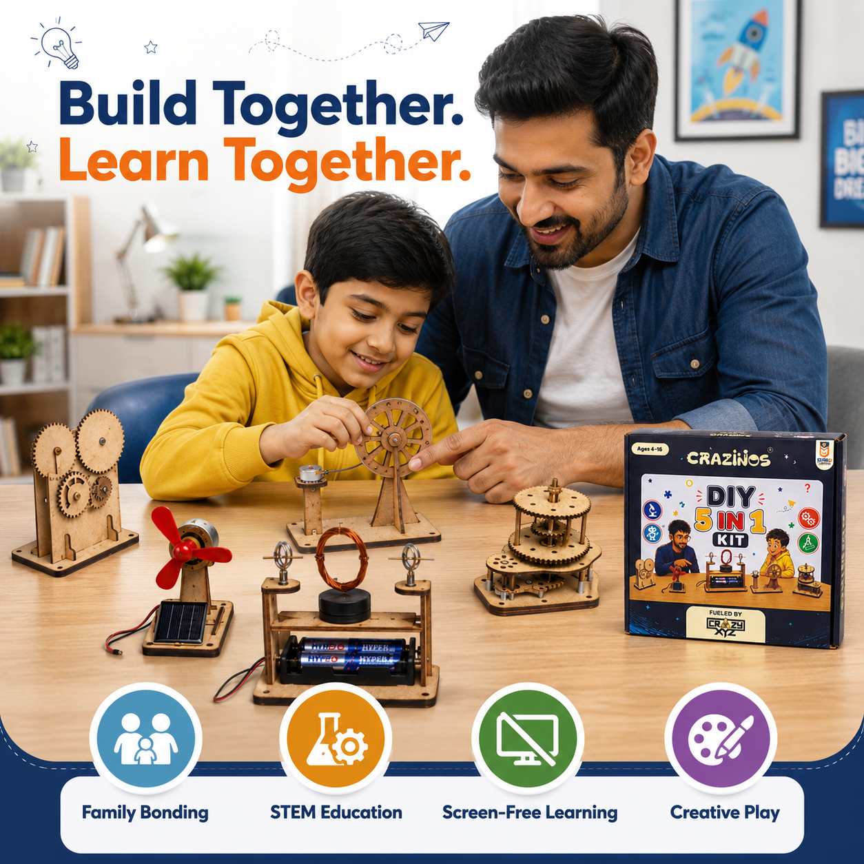 CRAZINOS 5-in-1 DIY STEM  Kit for Kids | Electric Fan, Gear Transmission, Hand Generator & Carousel Models | Educational Science Project Kit | Ages 8+
