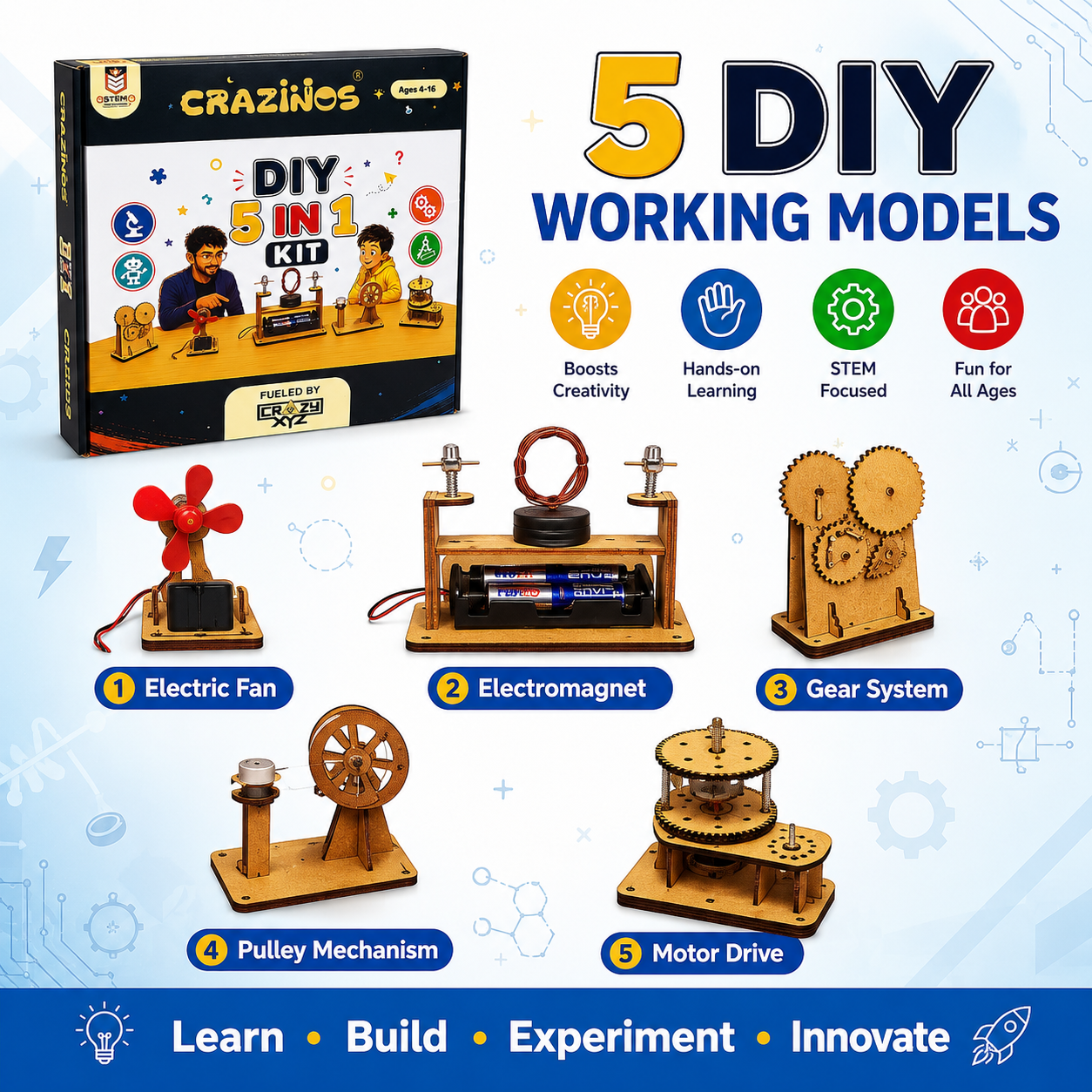 CRAZINOS 5-in-1 DIY STEM  Kit for Kids | Electric Fan, Gear Transmission, Hand Generator & Carousel Models | Educational Science Project Kit | Ages 8+