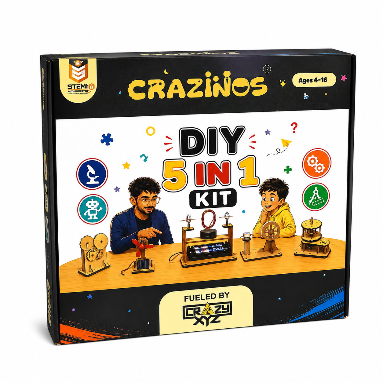 CRAZINOS 5-in-1 DIY STEM  Kit for Kids | Electric Fan, Gear Transmission, Hand Generator & Carousel Models | Educational Science Project Kit | Ages 8+