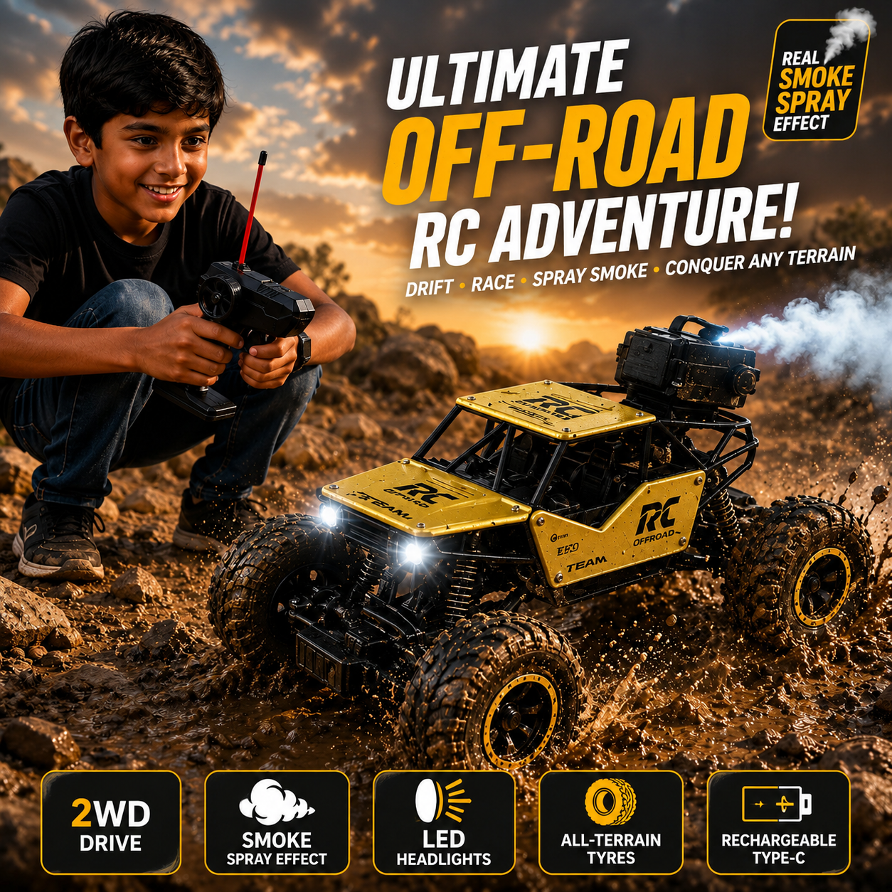 Crazinos Rock Explorer GOLDEN - RC Monster Truck with Smoke Effect (1:16)