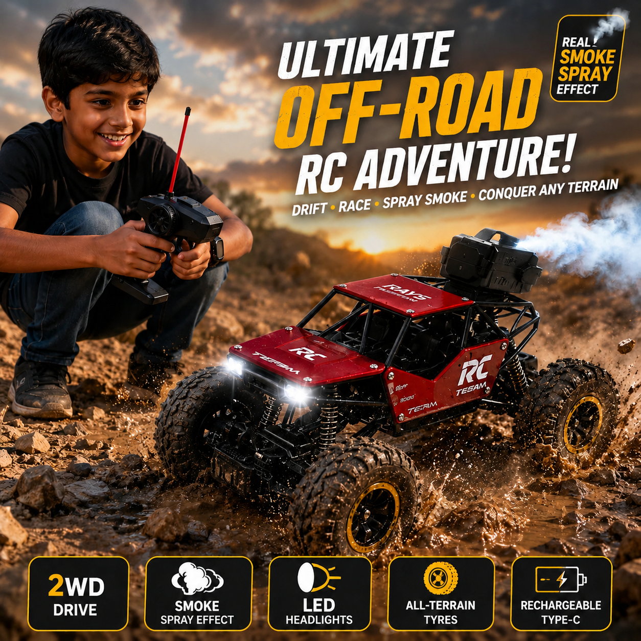 Crazinos Rock Explorer RED - RC Monster Truck with Smoke Effect (1:16)