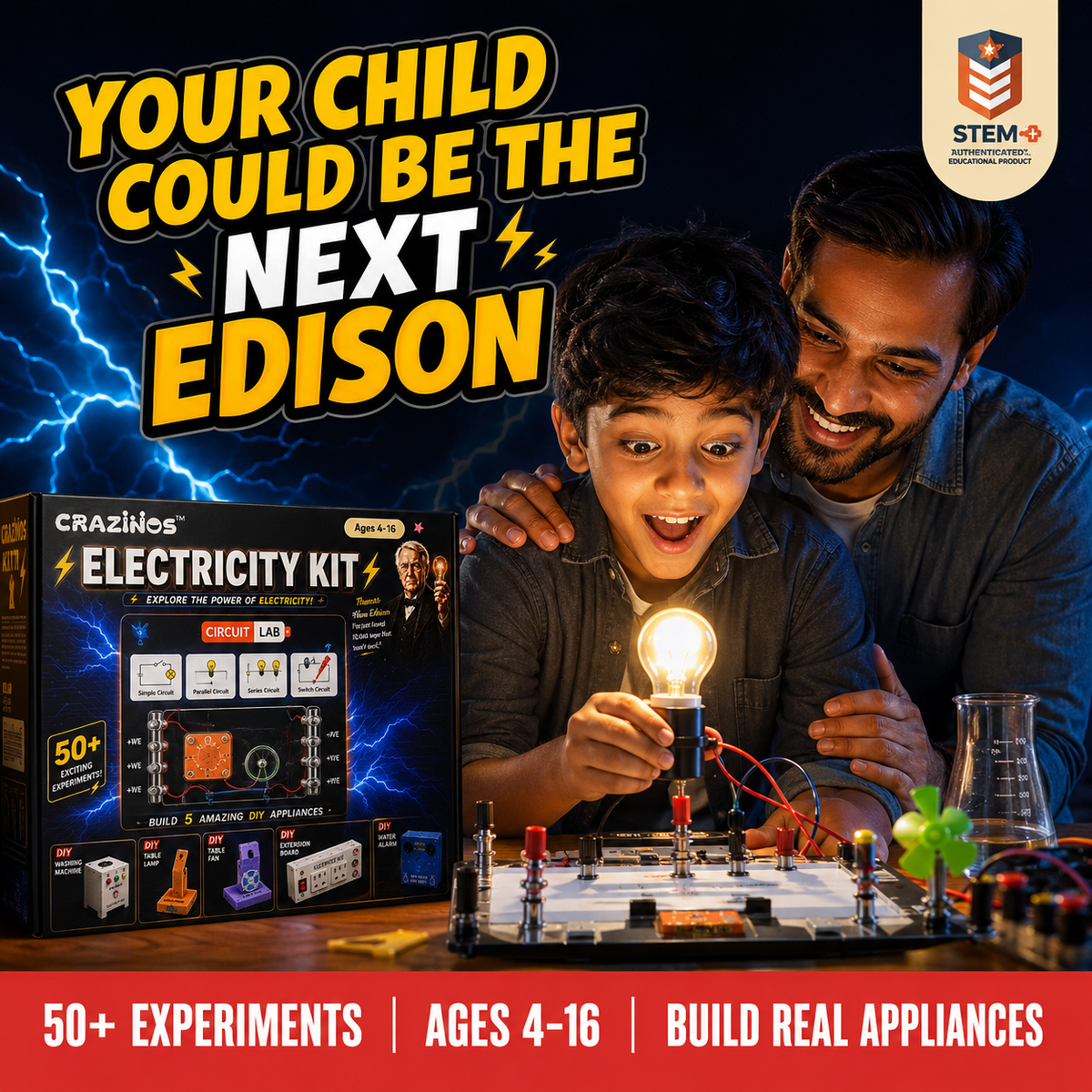 CRAZINOS Electricity Practical Kit – 50+ Circuit Experiments for Kids