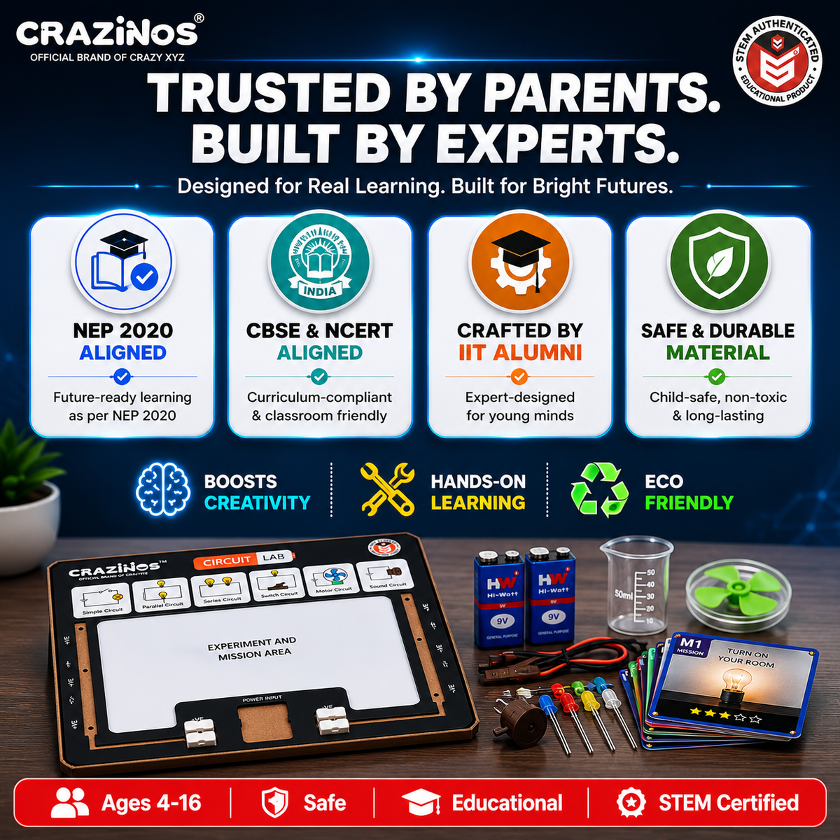 CRAZINOS Electricity Practical Kit – 50+ Circuit Experiments for Kids