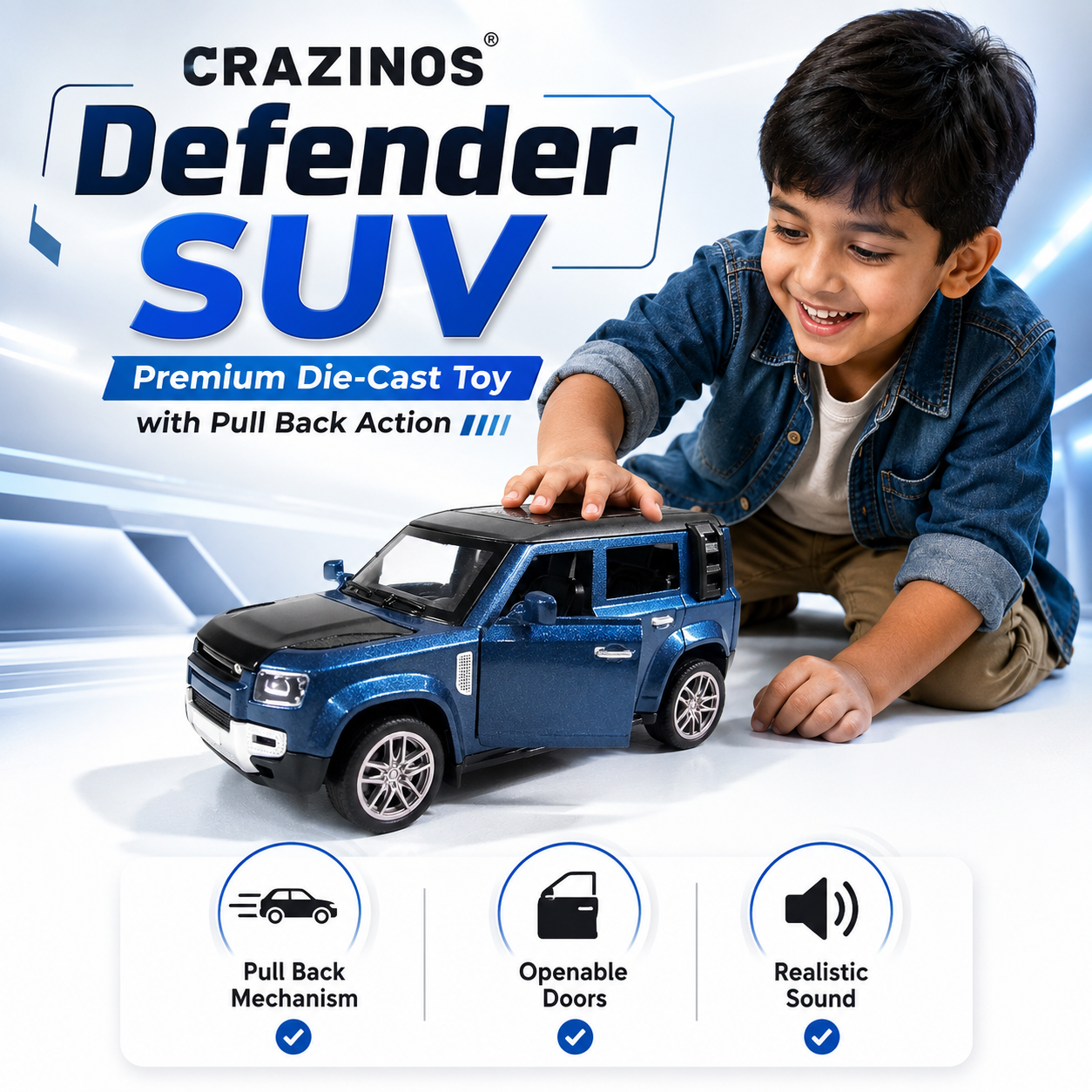 CRAZINOS Pull Back Toy Car with Openable Doors, Lights & Sound | Die-Cast Metal Car for Kids