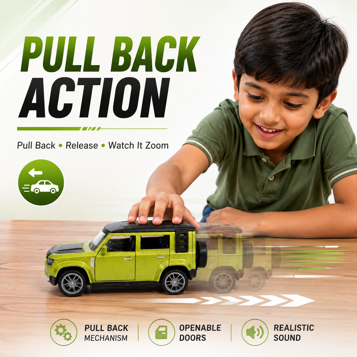 CRAZINOS Pull Back Toy Car with Openable Doors, Lights & Sound | Die-Cast Metal Car for Kids