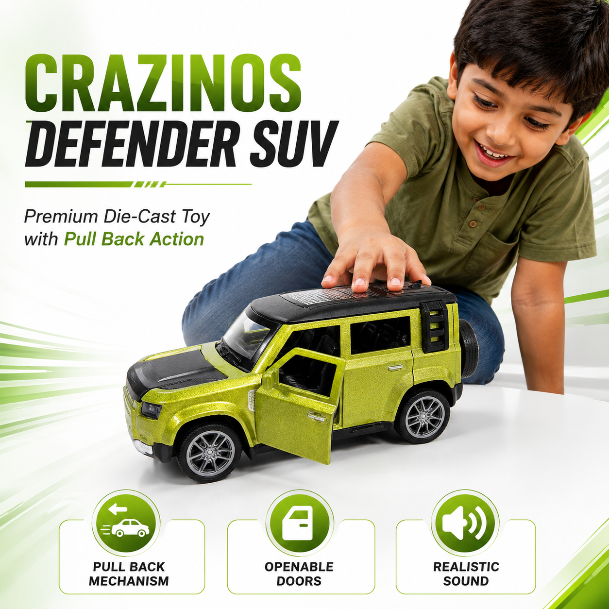 CRAZINOS Pull Back Toy Car with Openable Doors, Lights & Sound | Die-Cast Metal Car for Kids