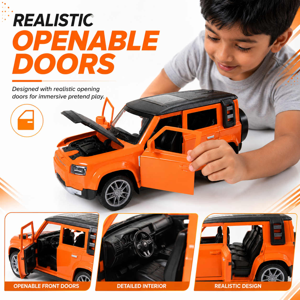 CRAZINOS Pull Back Toy Car with Openable Doors, Lights & Sound | Die-Cast Metal Car for Kids