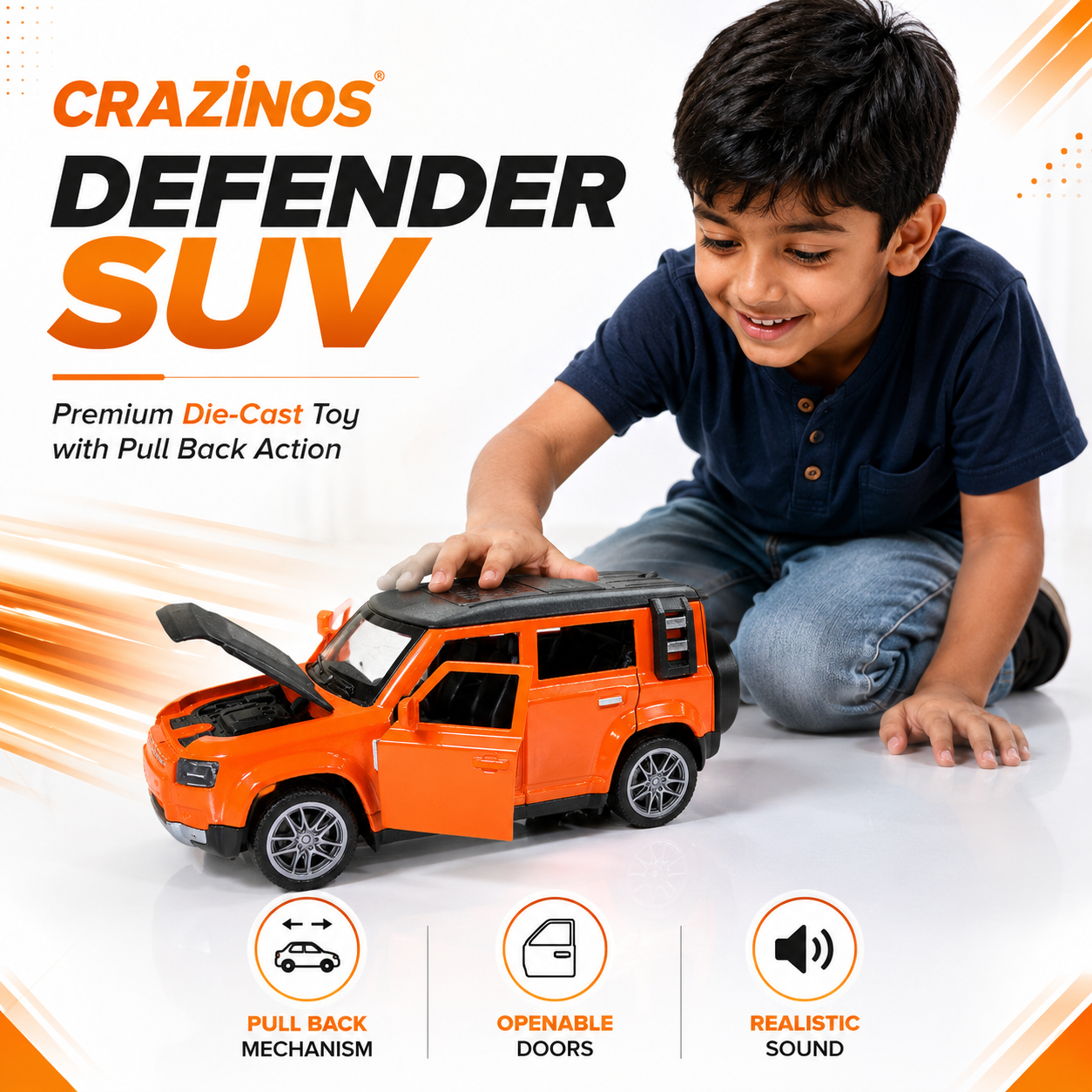 CRAZINOS Pull Back Toy Car with Openable Doors, Lights & Sound | Die-Cast Metal Car for Kids