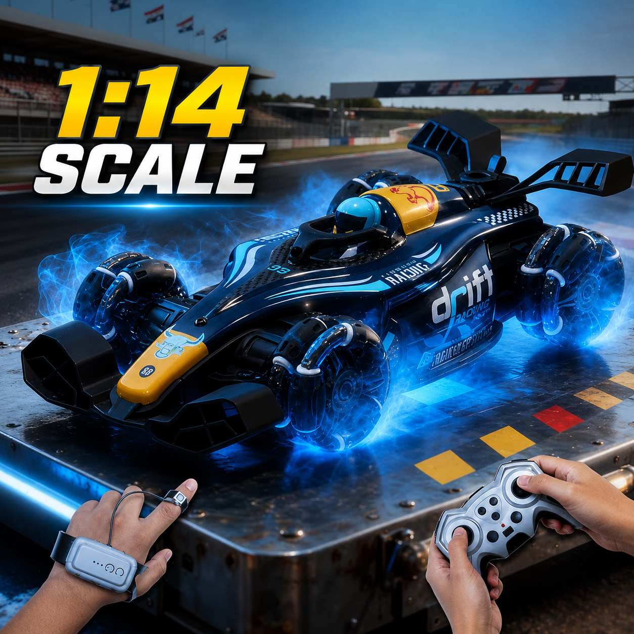 RC 4x4 Rise X One Drift Smoke Car, 2.4Ghz Hand Sensor Gesture Control Sports Racing Car, 360° Rotation with Lights, Music & Spin Stunt Remote Control Cars for 4+ | 1:14 Scale | Best Birthday Gift