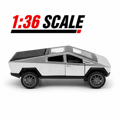 Die Cast Pull Back Cybertruck Style Toy Car with Openable Doors & Hidden Storage | 1:36 Scale | Metal Pickup Truck Toy for Kids Boys Girls | Silver